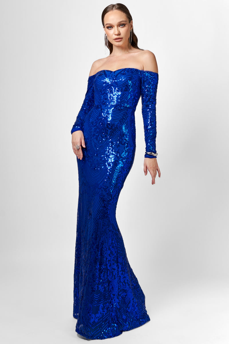 ZOYA LONG SLEEVE SEQUIN GOWN IN COBALT