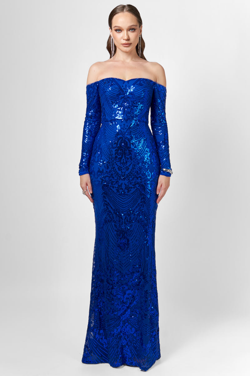 ZOYA LONG SLEEVE SEQUIN GOWN IN COBALT