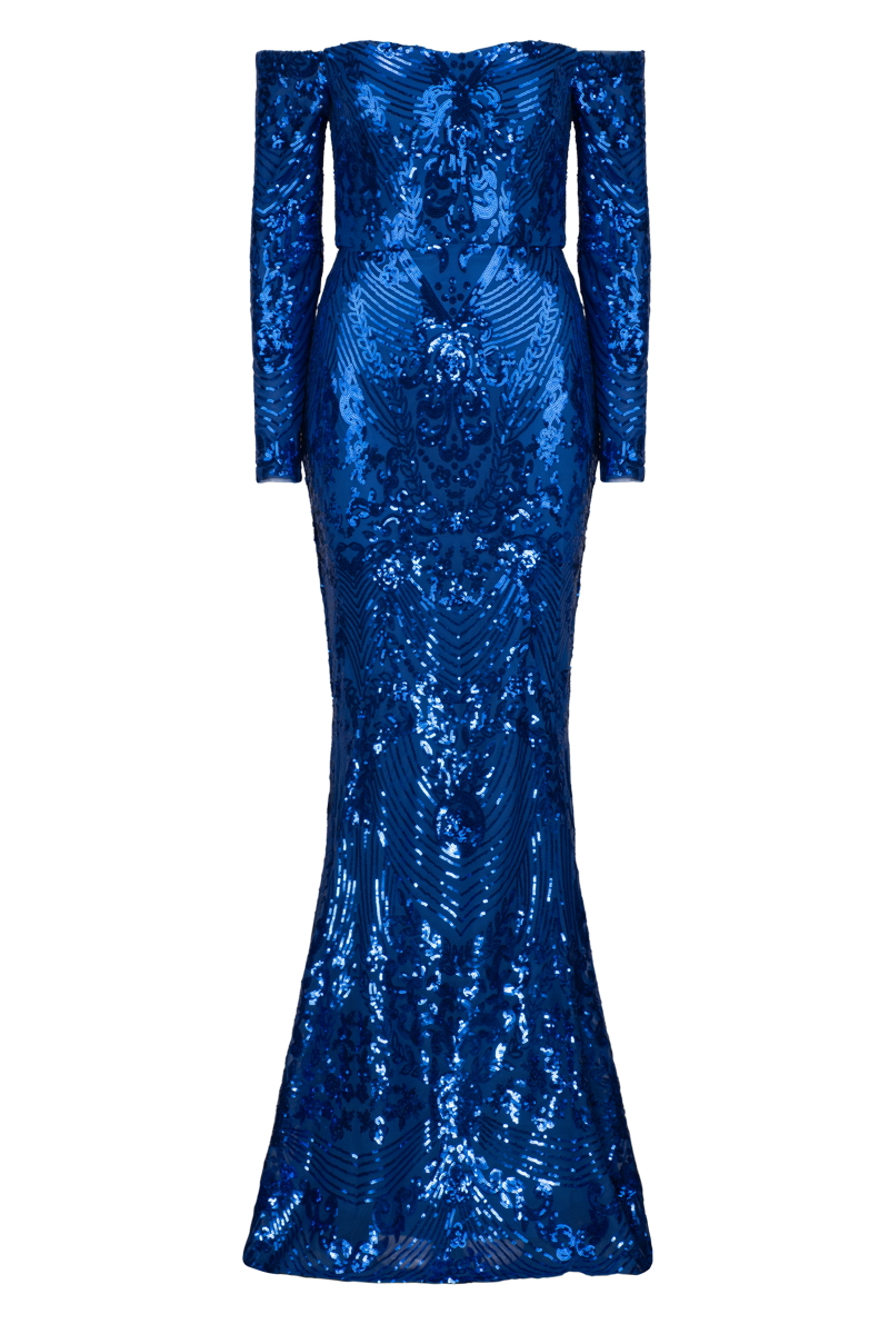 ZOYA LONG SLEEVE SEQUIN GOWN IN COBALT