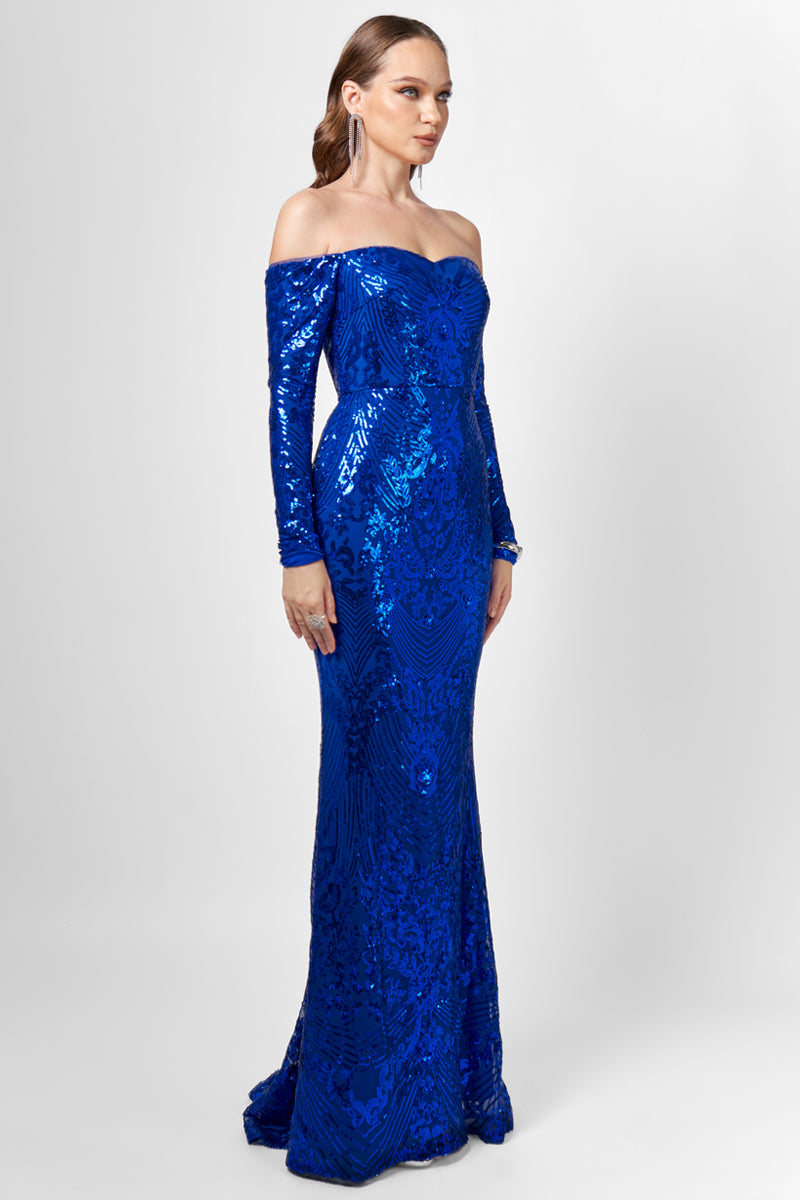 ZOYA LONG SLEEVE SEQUIN GOWN IN COBALT