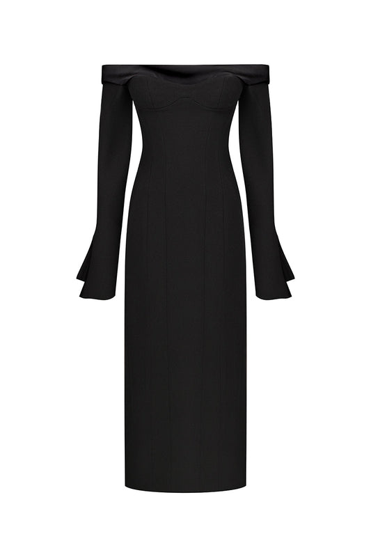 BLACK OFF-SHOULDER WOOL MIDI DRESS