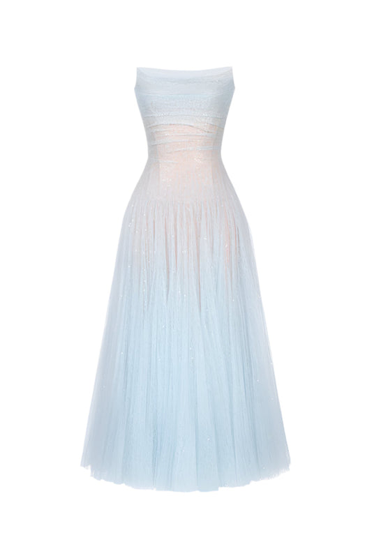 BLUE DRAPED LACE MIDI DRESS