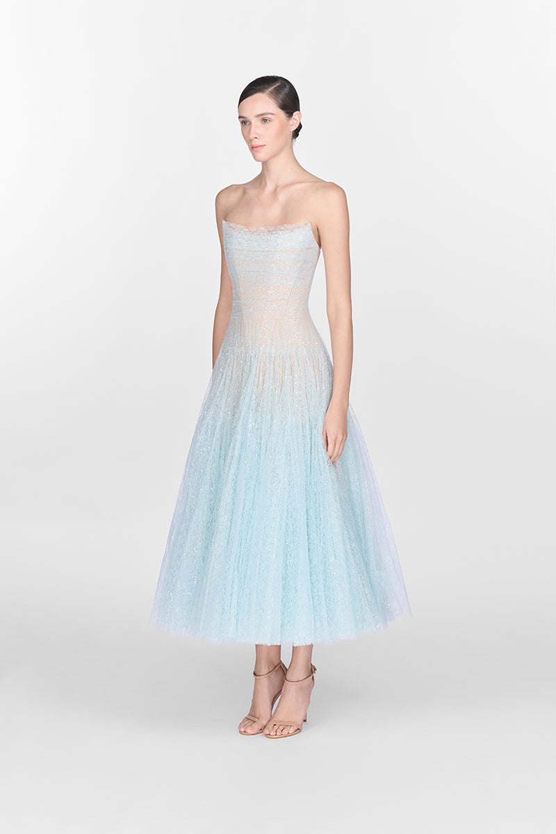 BLUE DRAPED LACE MIDI DRESS