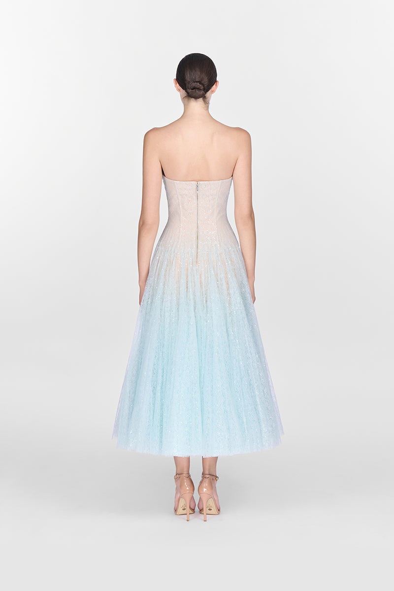 BLUE DRAPED LACE MIDI DRESS