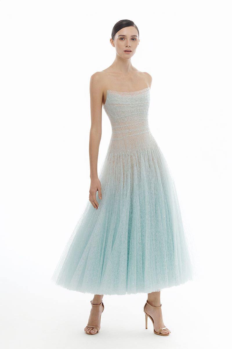 BLUE DRAPED LACE MIDI DRESS