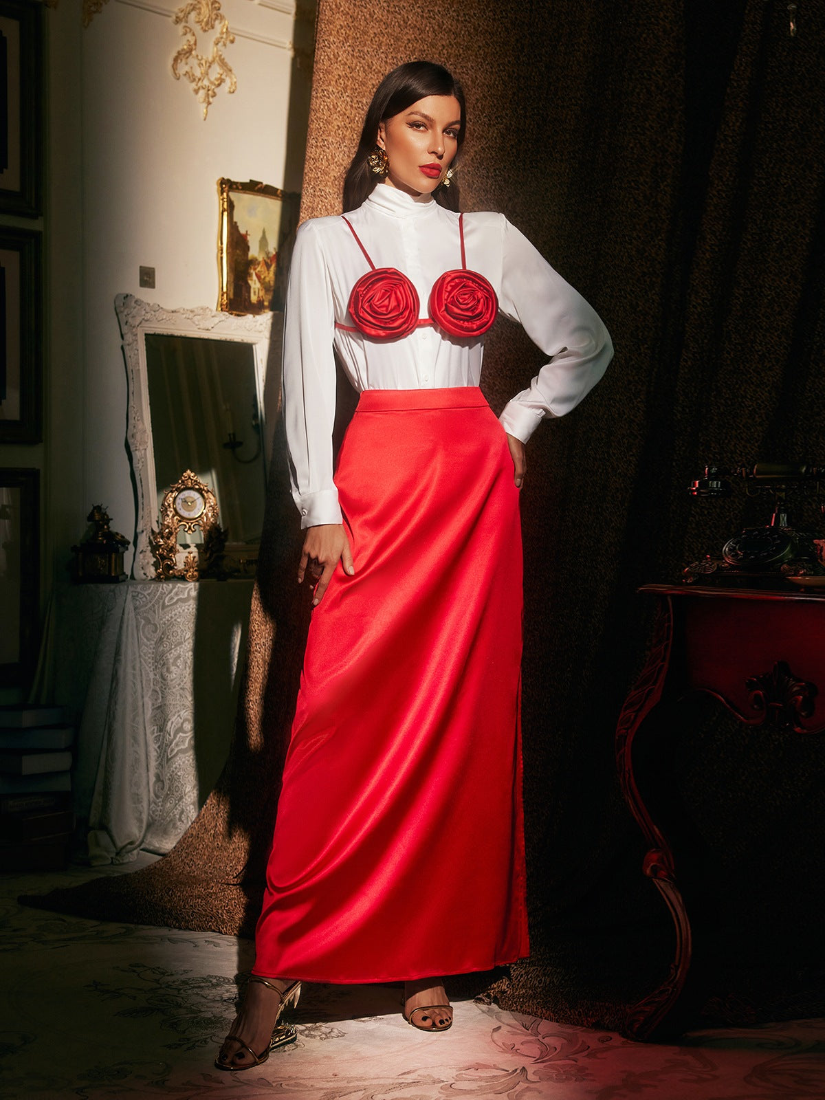 Brynthos Flower Satin Skirt Three Piece Set