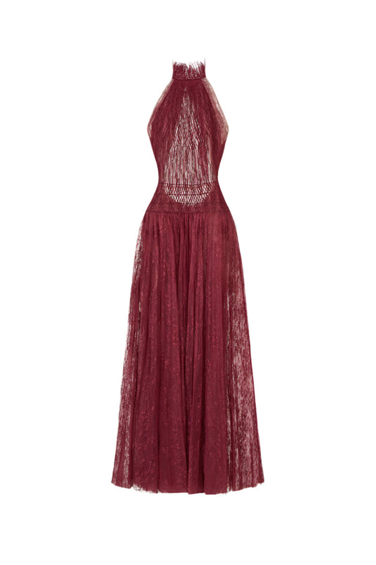 BURGUNDY SMOCKED LACE MAXI DRESS