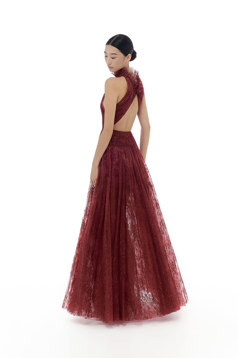 BURGUNDY SMOCKED LACE MAXI DRESS