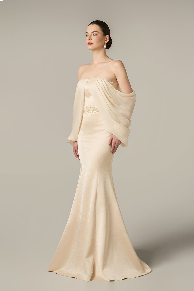 SILK TAFFETA AND CHIFFON DRESS IN GOLD