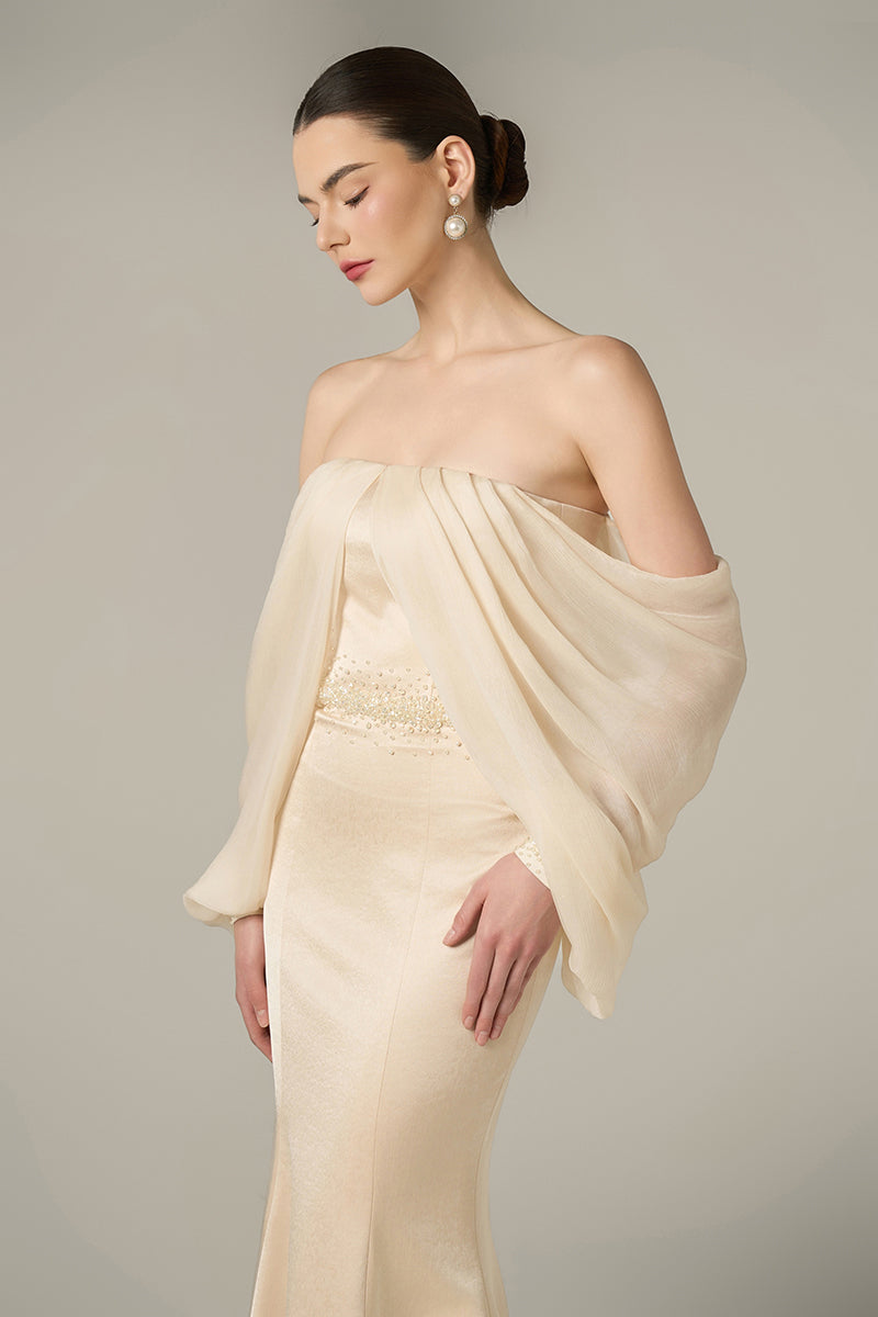 SILK TAFFETA AND CHIFFON DRESS IN GOLD