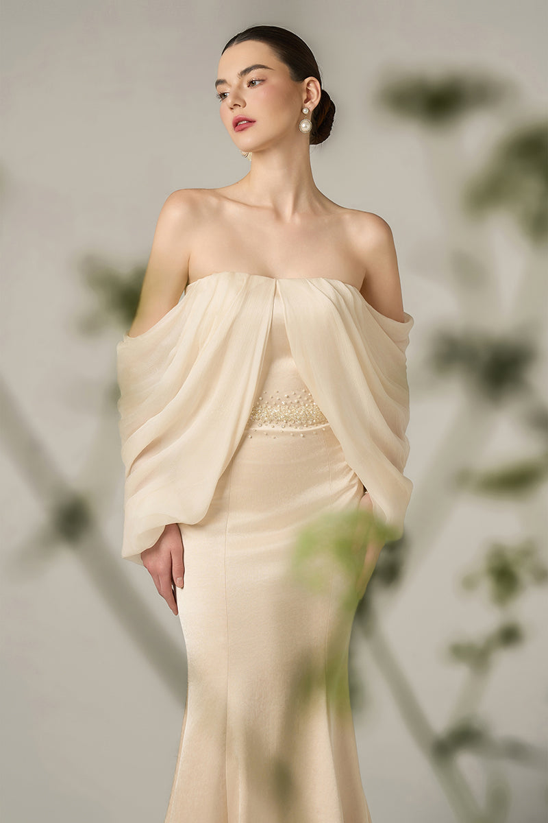 SILK TAFFETA AND CHIFFON DRESS IN GOLD