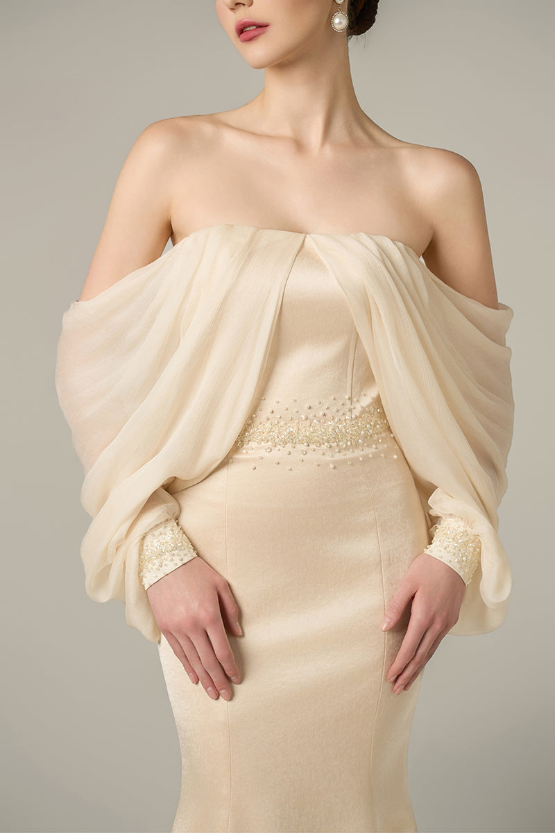 SILK TAFFETA AND CHIFFON DRESS IN GOLD