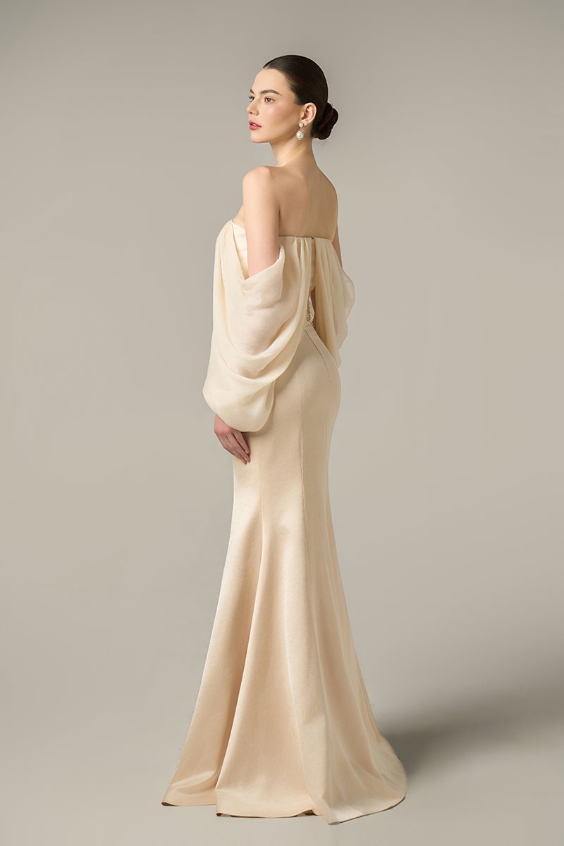 SILK TAFFETA AND CHIFFON DRESS IN GOLD
