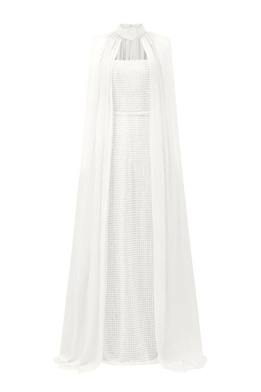 PEARL SQUARE MESH LACE AND CHIFFON DRESS IN SILVER