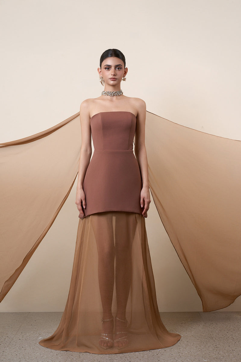 STRAPLESS MAXI DRESS WITH CAPE IN BROWN