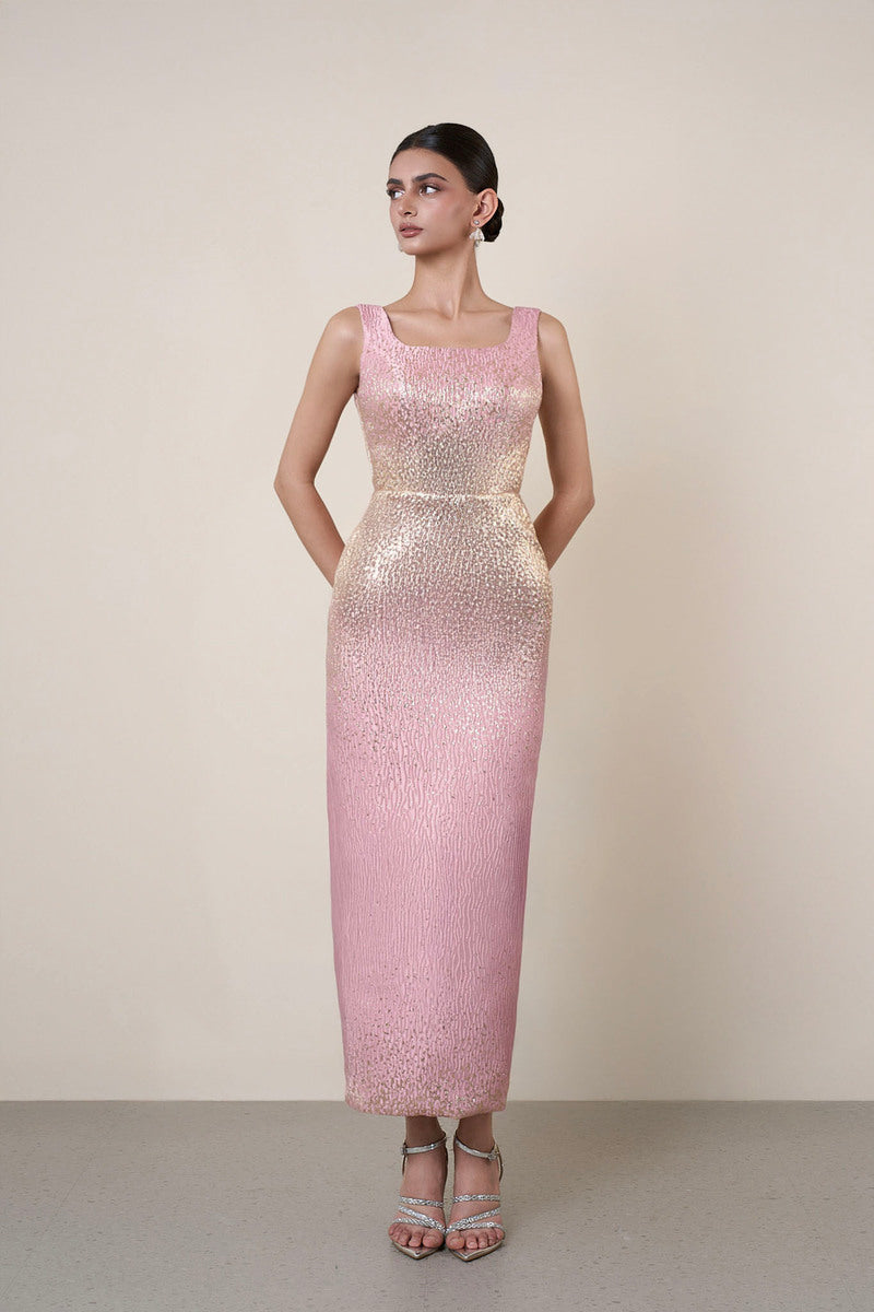 BROCADE OPEN BACK DRESS IN PINK