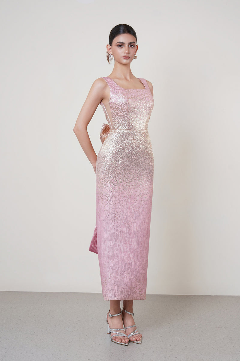BROCADE OPEN BACK DRESS IN PINK