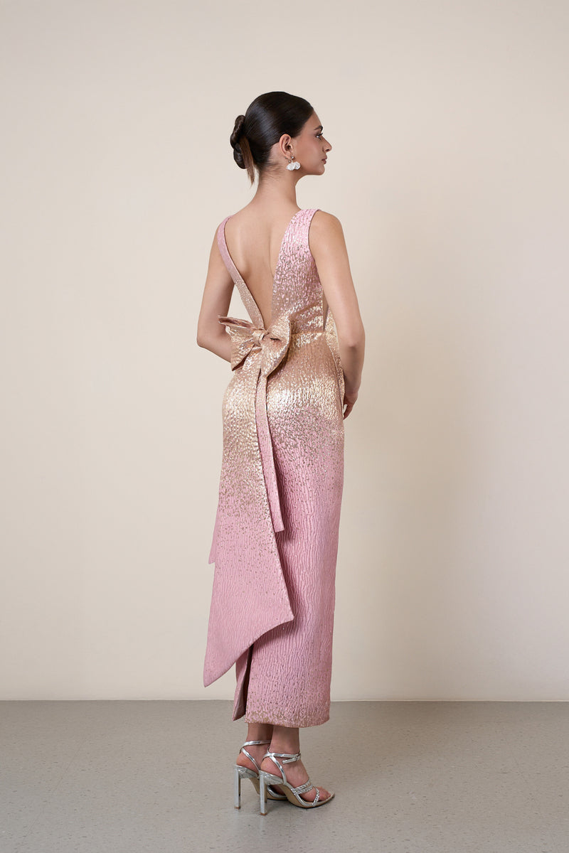 BROCADE OPEN BACK DRESS IN PINK