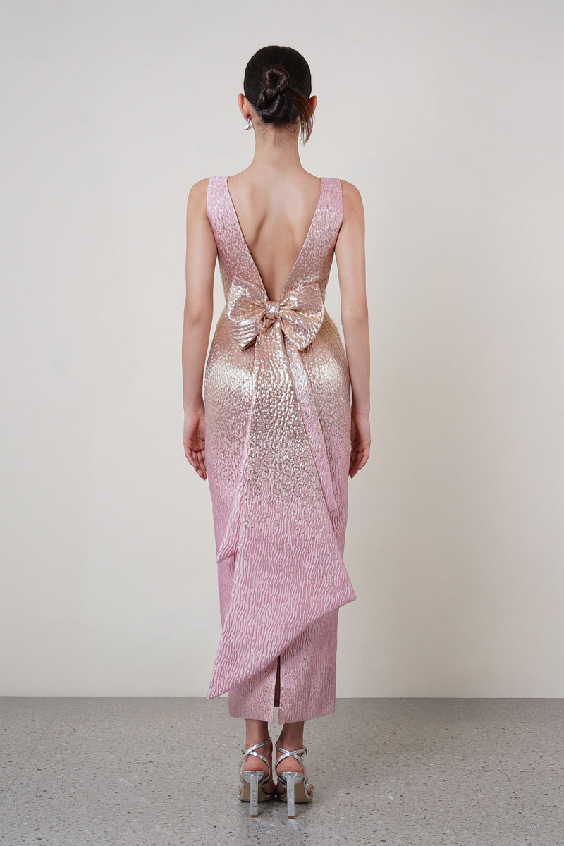 BROCADE OPEN BACK DRESS IN PINK