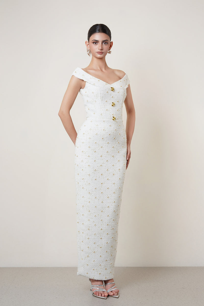 OFF-SHOULDER MIDI DRESS IN WHITE