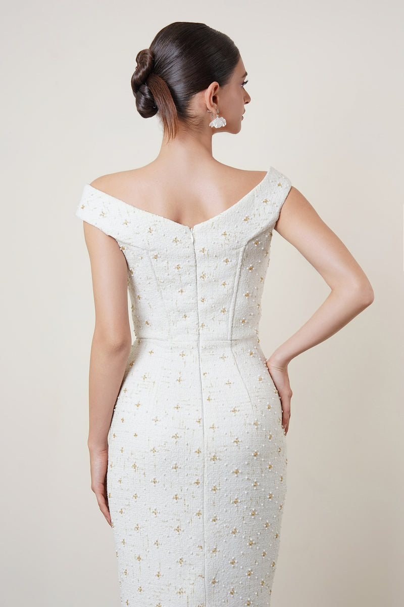 OFF-SHOULDER MIDI DRESS IN WHITE