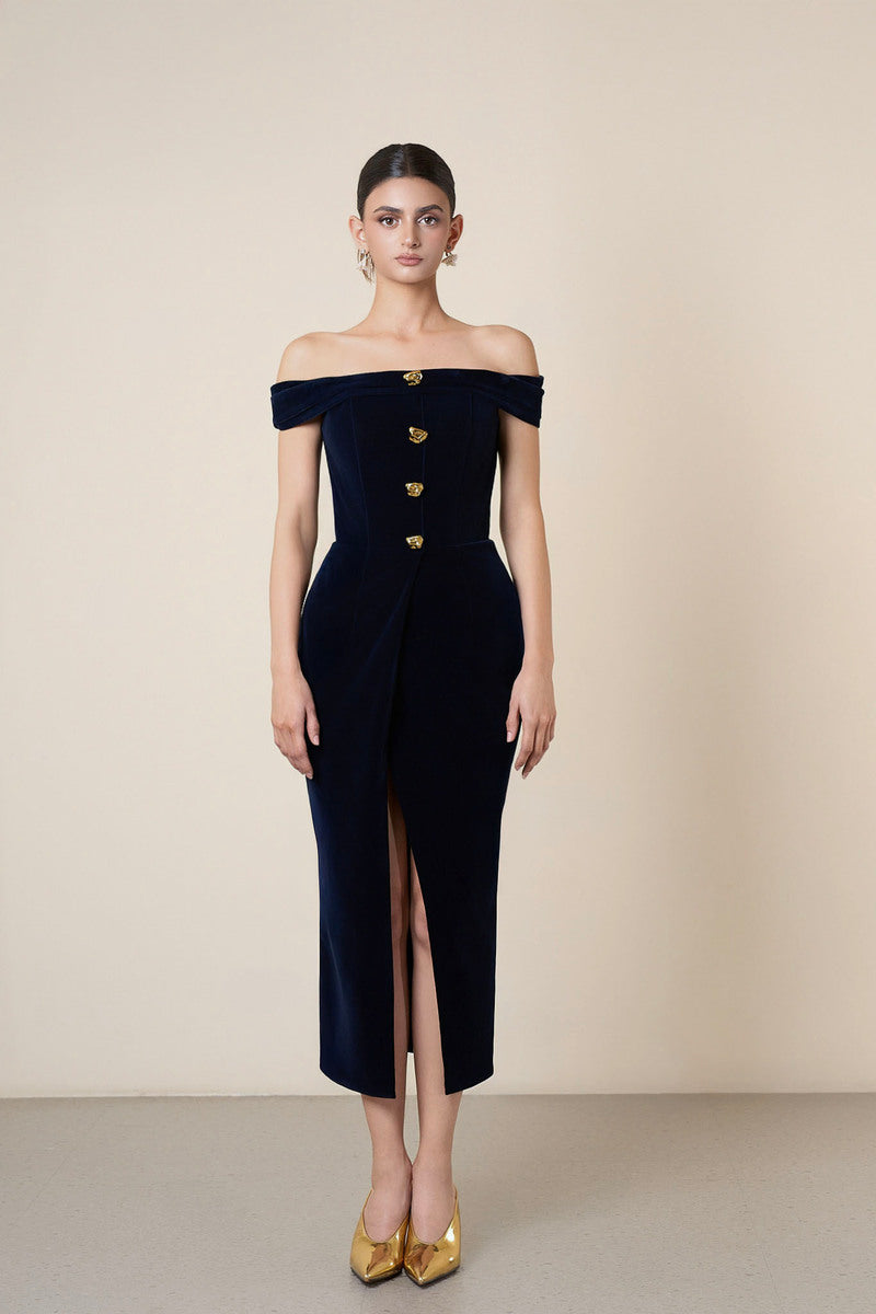 OFF-SHOULDER BUTTON DRESS IN BLACK