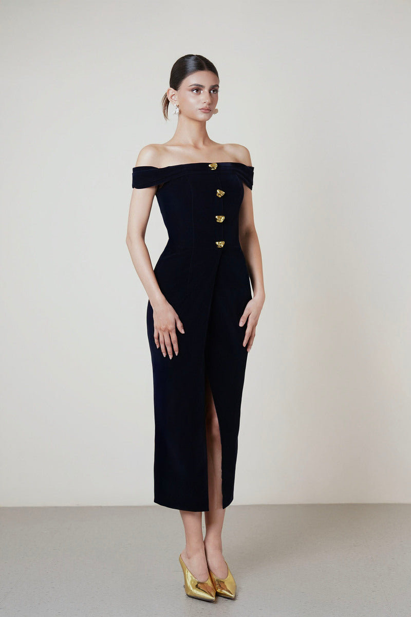 OFF-SHOULDER BUTTON DRESS IN BLACK