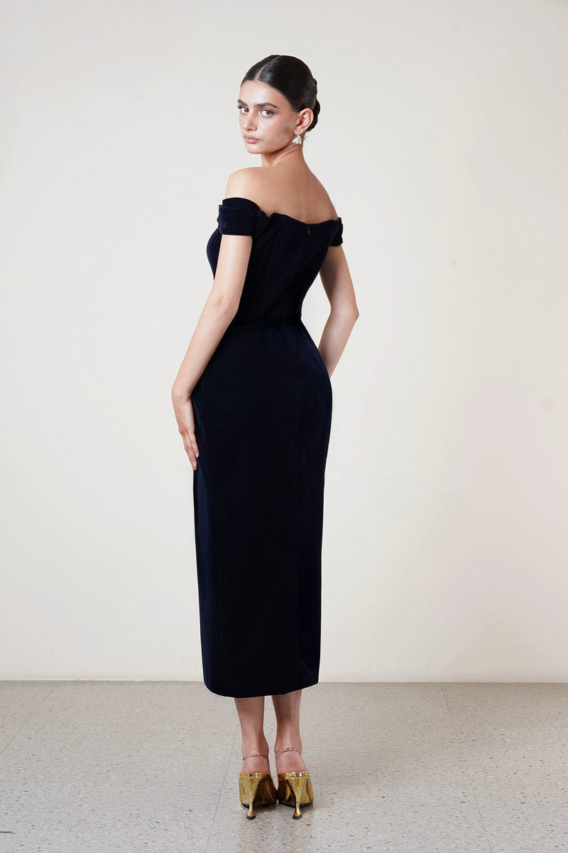 OFF-SHOULDER BUTTON DRESS IN BLACK