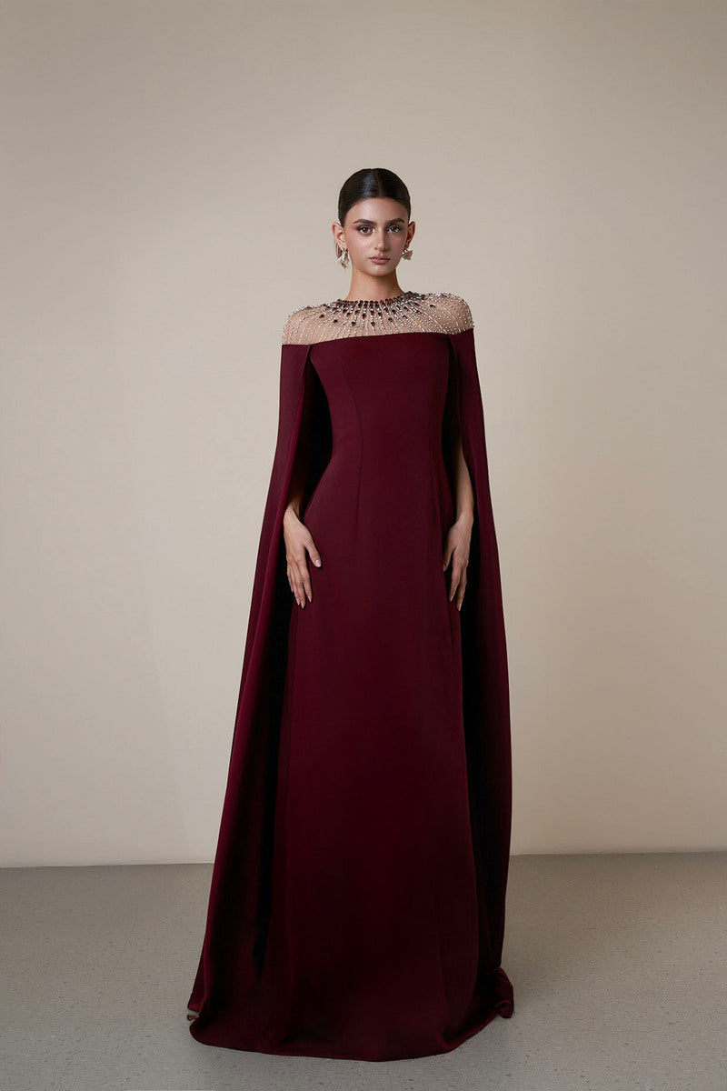 LONG SLEEVE GOWN IN BURGUNDY