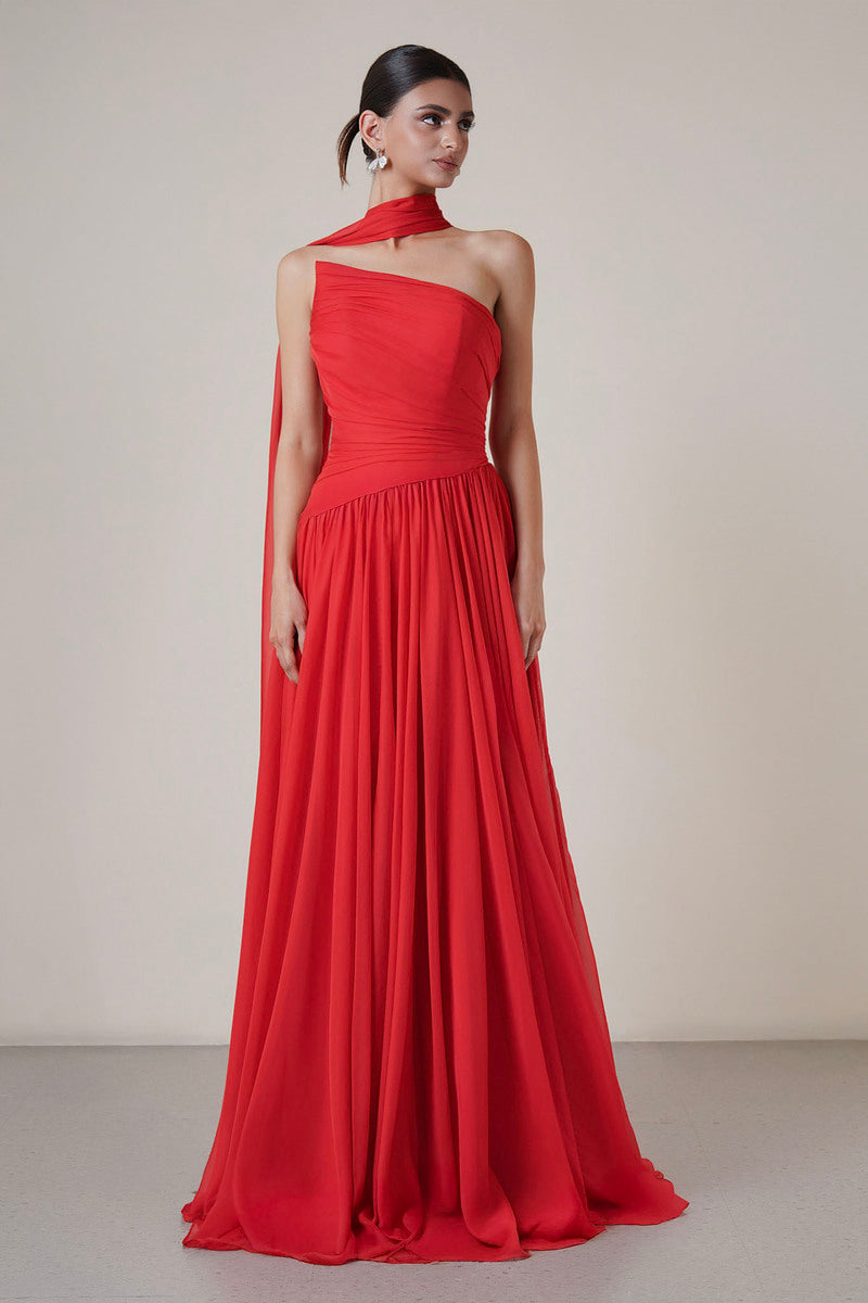 PLEATED GOWN WITH CAPE IN RED