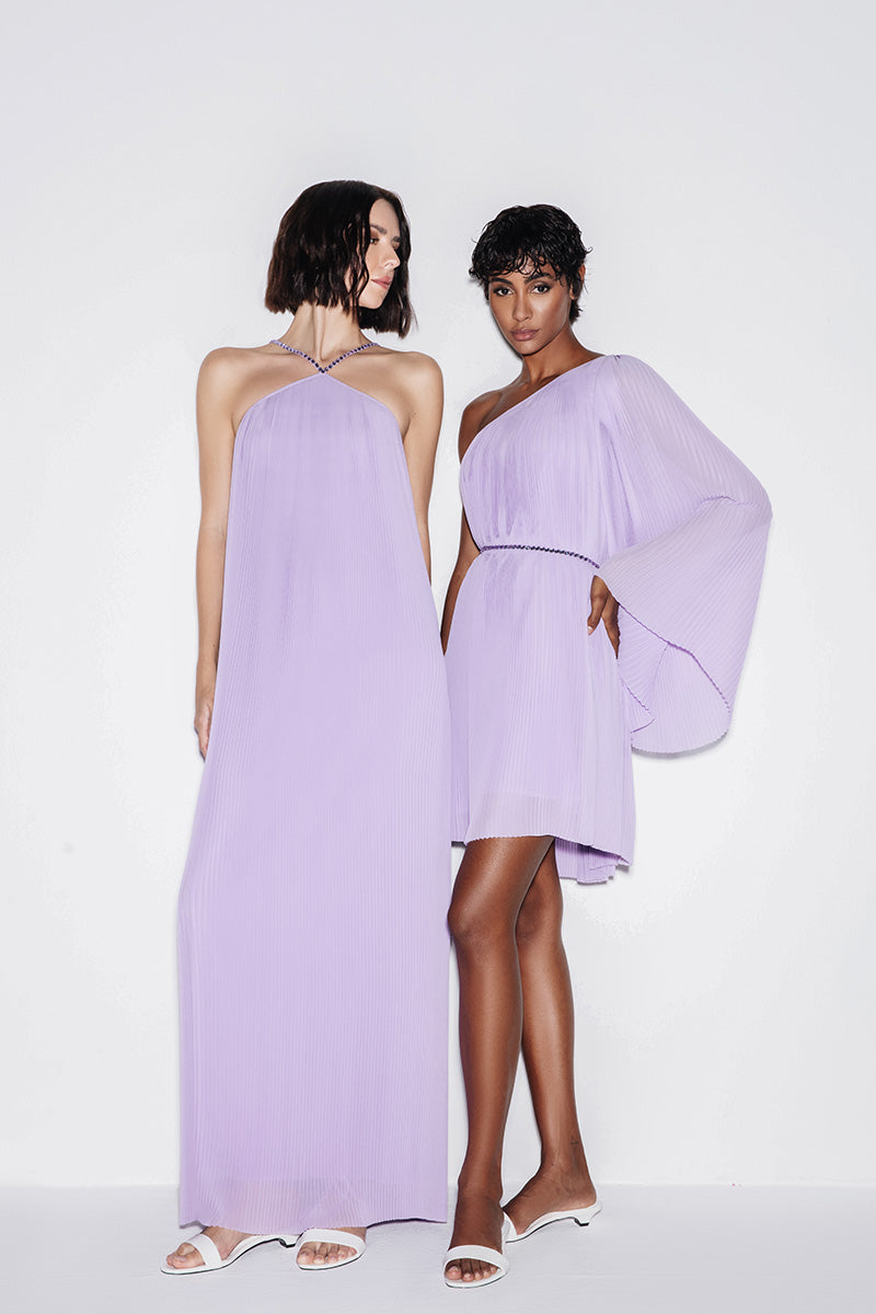 PLEATED CHIFFON MINI DRESS IN LILAC