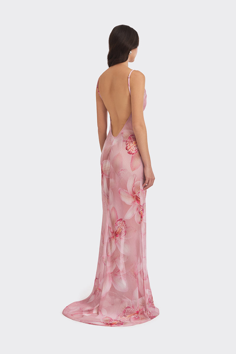 COWL NECK ORCHID PRINT MAXI DRESS
