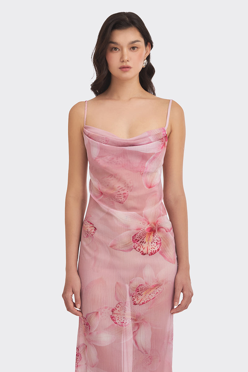 COWL NECK ORCHID PRINT MAXI DRESS
