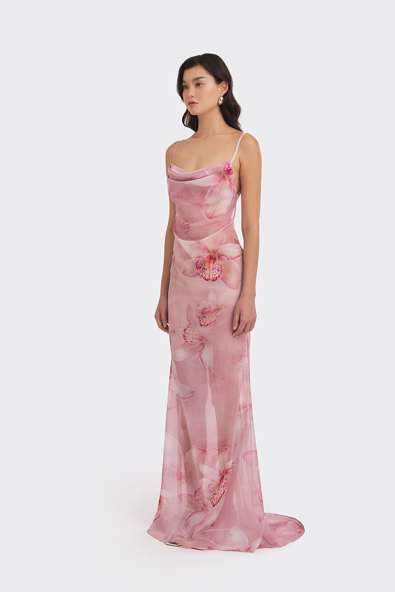 COWL NECK ORCHID PRINT MAXI DRESS