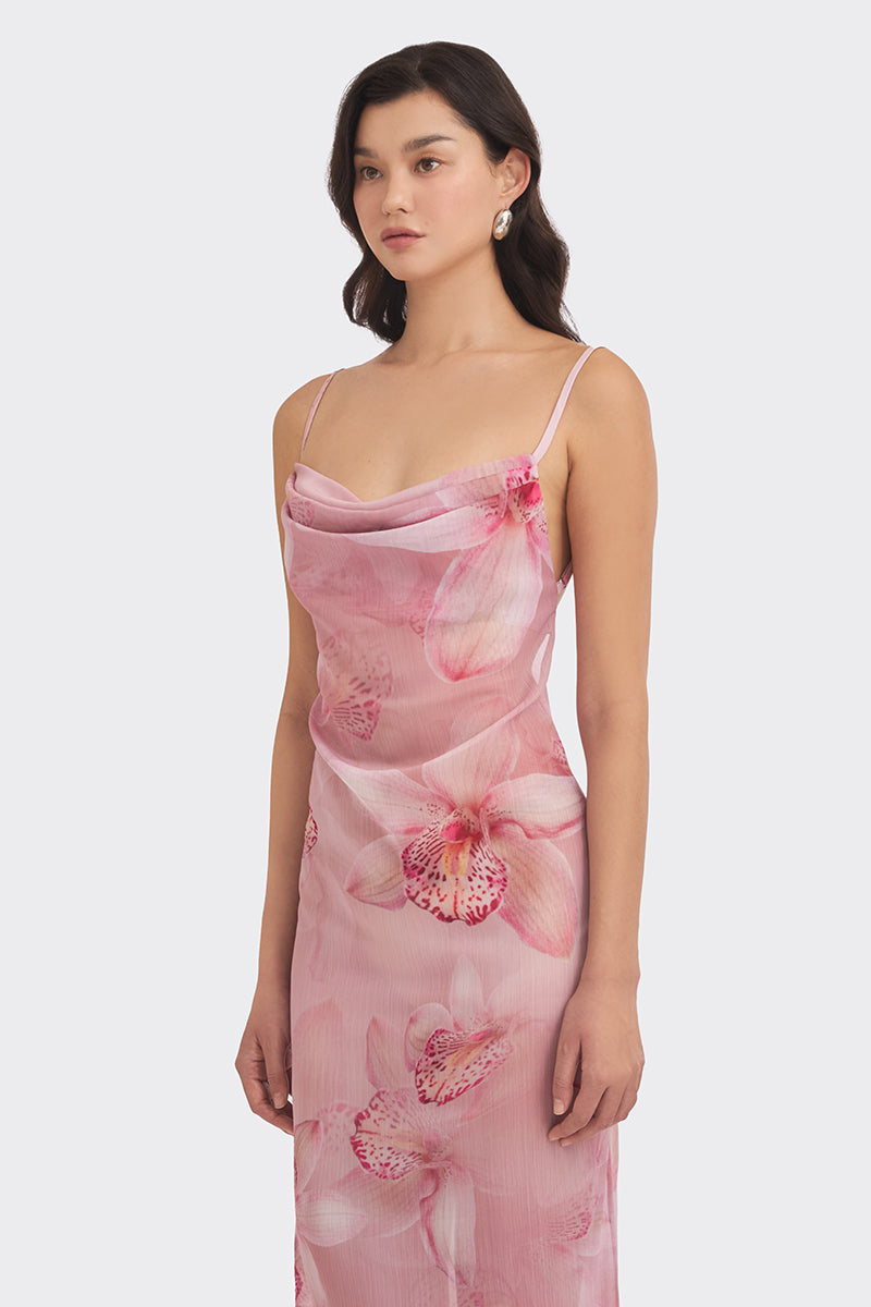 COWL NECK ORCHID PRINT MAXI DRESS