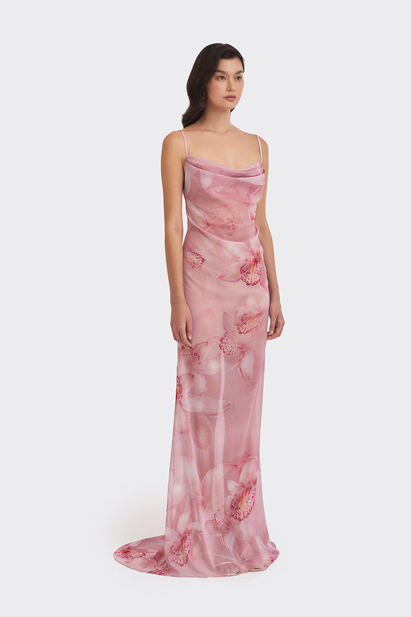 COWL NECK ORCHID PRINT MAXI DRESS