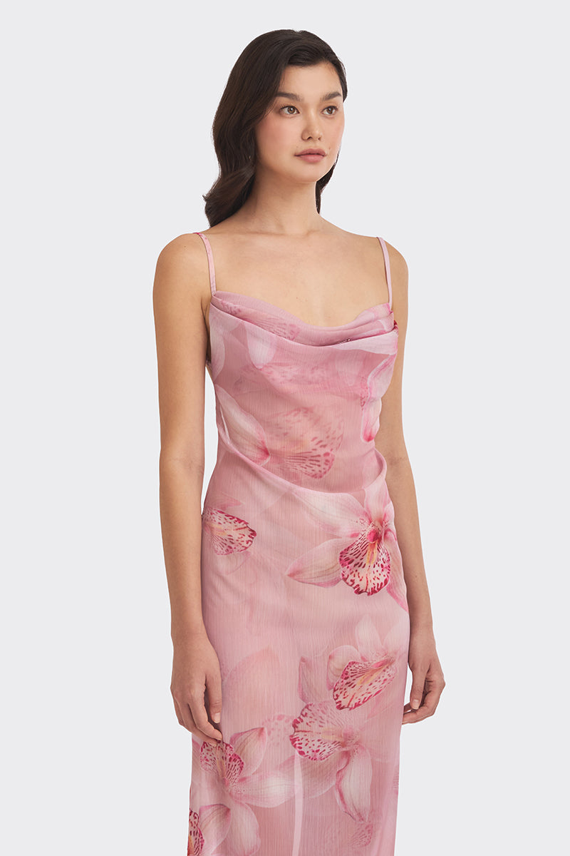 COWL NECK ORCHID PRINT MAXI DRESS