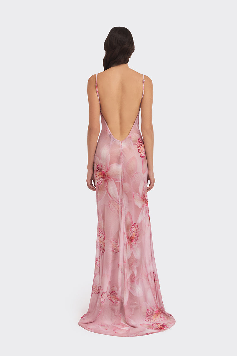 COWL NECK ORCHID PRINT MAXI DRESS