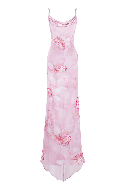 COWL NECK ORCHID PRINT MAXI DRESS