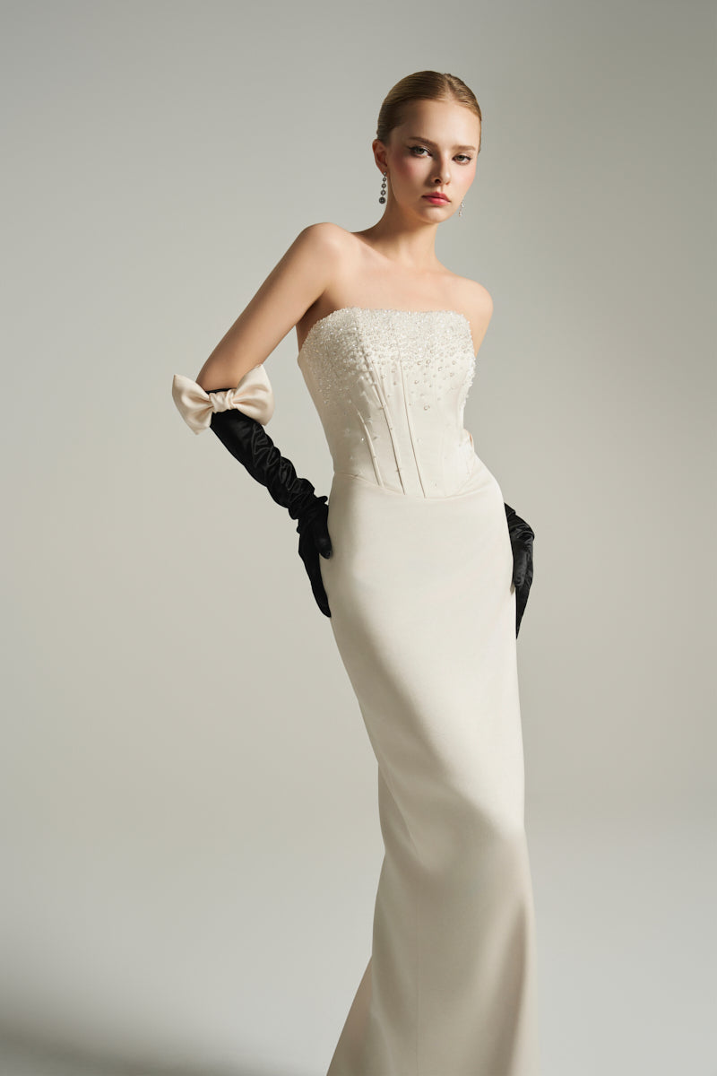 BUSTIER COLUMN GOWN IN IVORY
