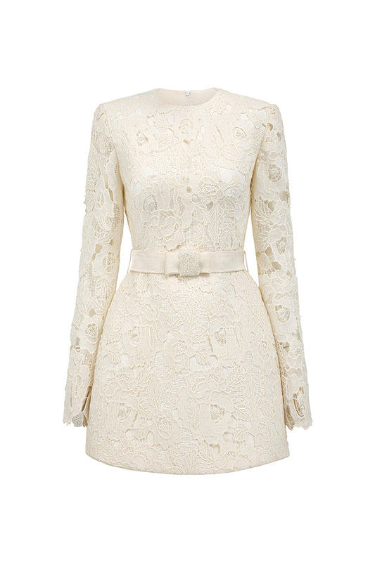 FLORAL LACE LONG SLEEVE MINI DRESS IN IVORY