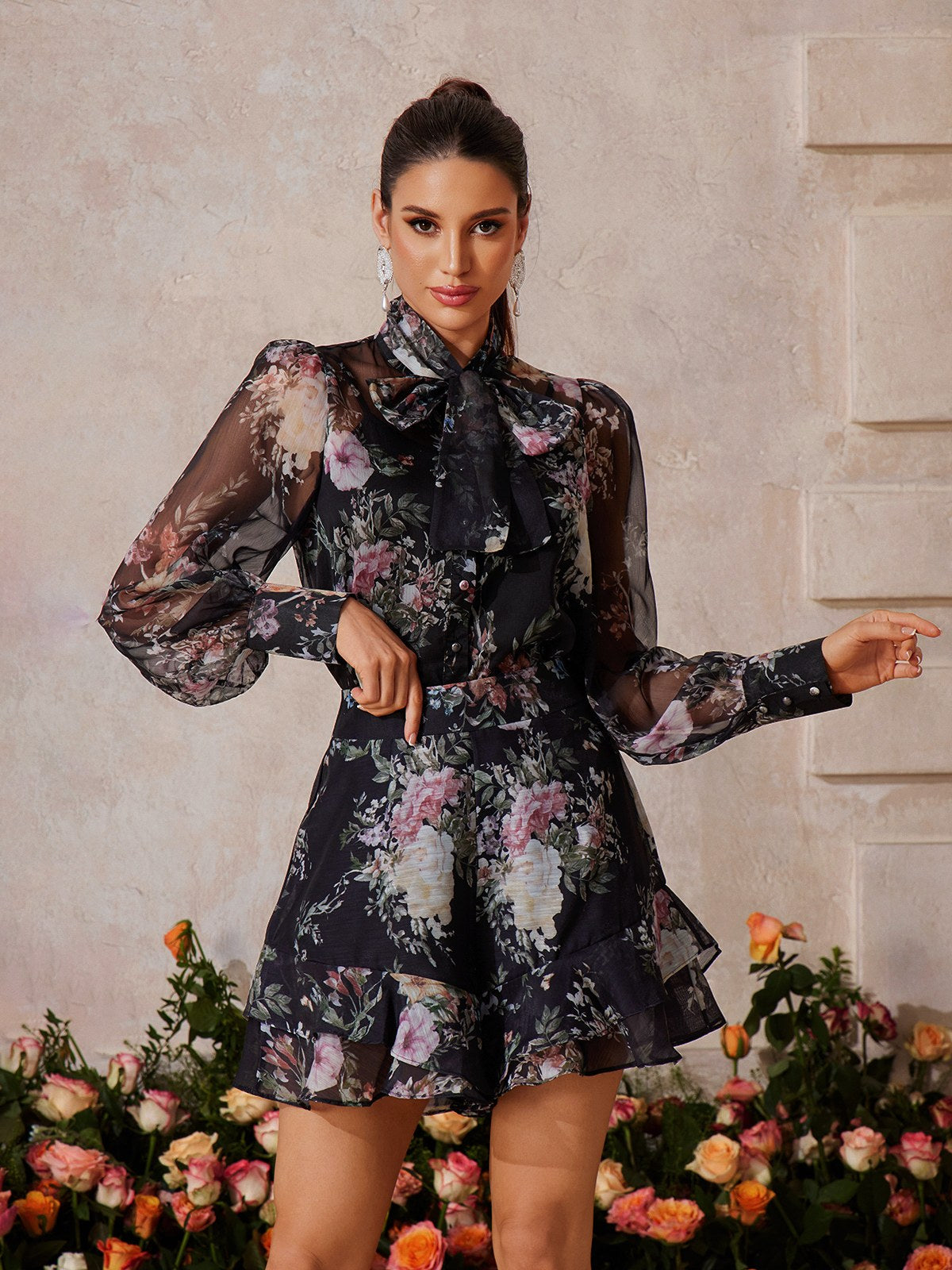 Cyberis Long Sleeve Floral Printed Skirt Set