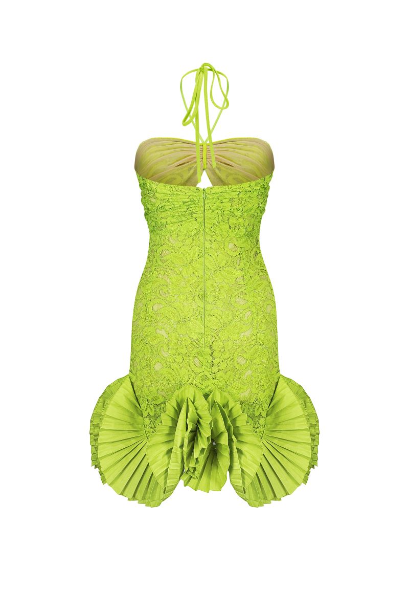 LIME MINI DRESS WITH PLEATED DECOR