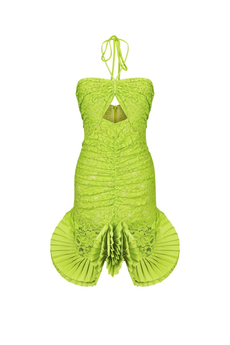LIME MINI DRESS WITH PLEATED DECOR