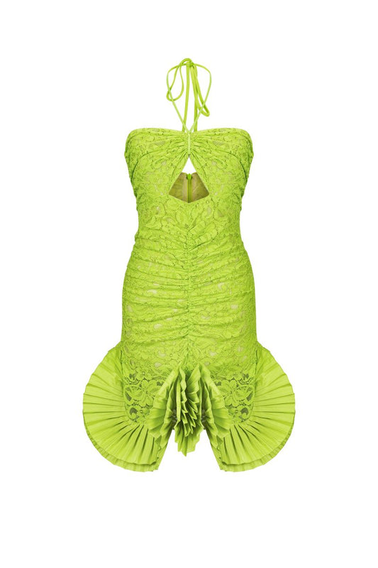 LIME MINI DRESS WITH PLEATED DECOR