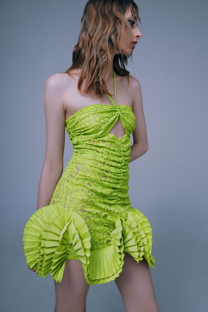 LIME MINI DRESS WITH PLEATED DECOR