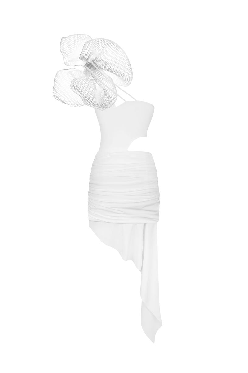 WHITE CUT-OUT MIDI DRESS WITH MESH 3D FLOWER