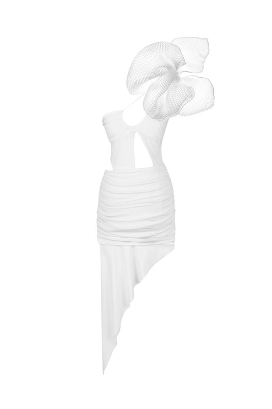 WHITE CUT-OUT MIDI DRESS WITH MESH 3D FLOWER