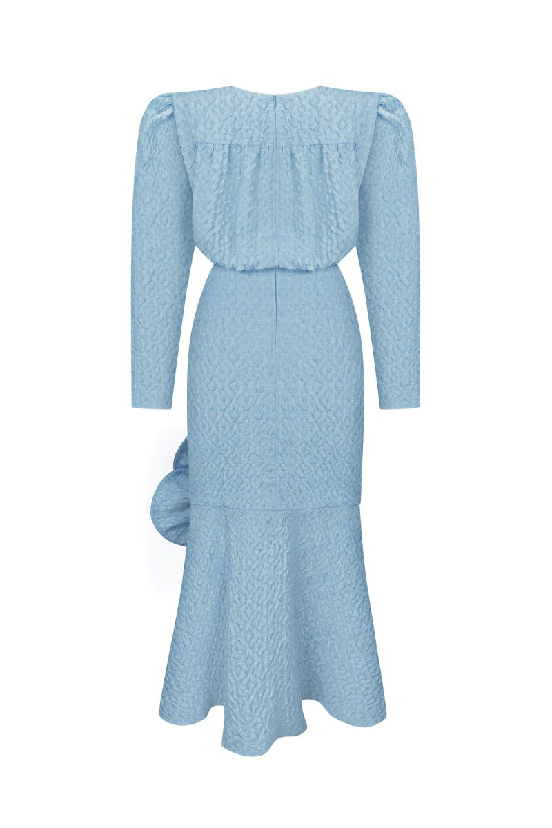BLUE MIDI DRESS WITH PUFFED SLEEVES AND DECOR