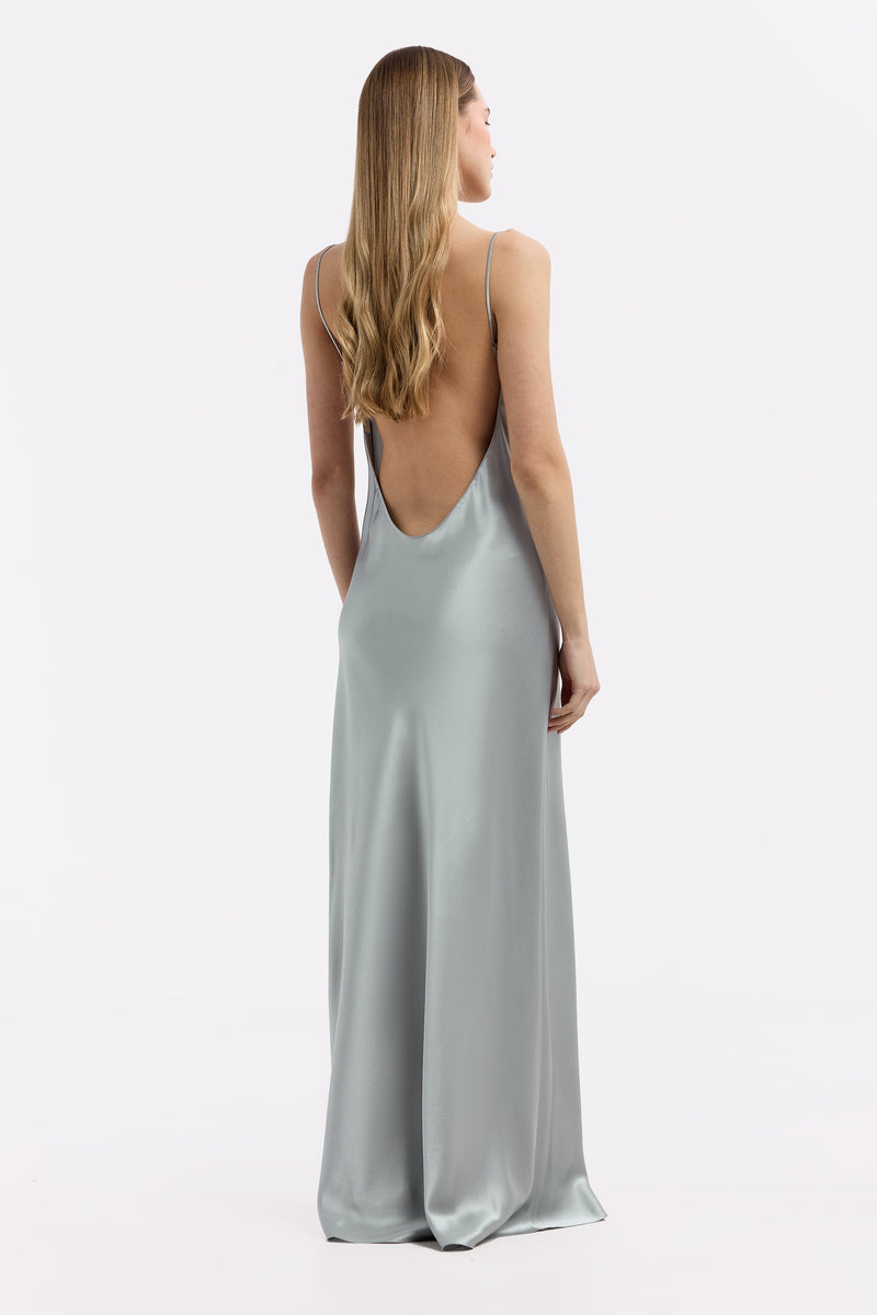 DAFNE MOONSTONE OPEN-BACK SILK-SATIN MAXI DRESS